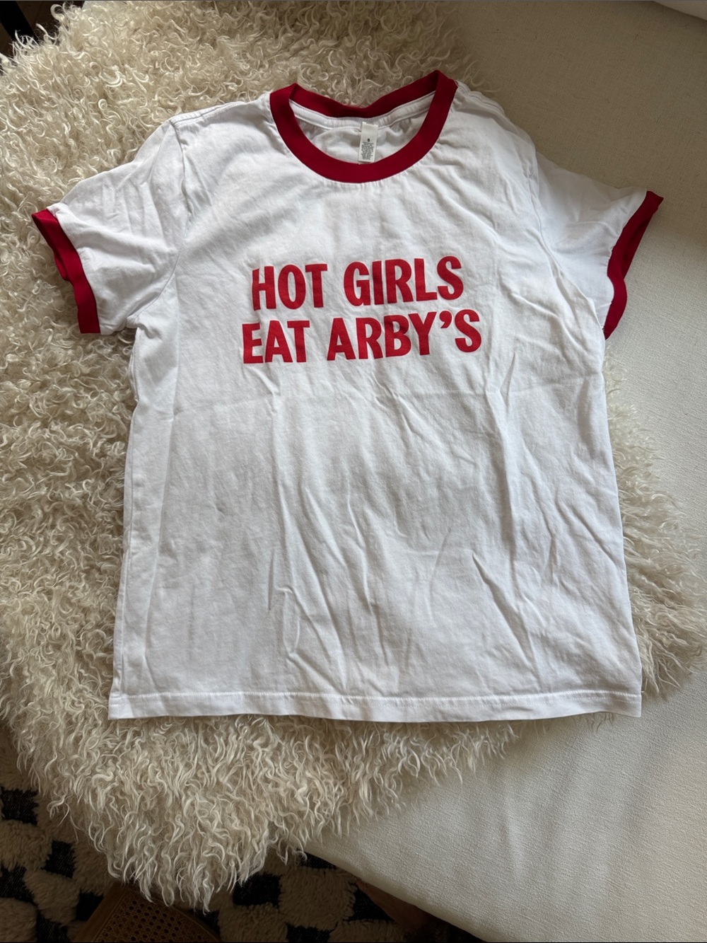 NWOT sz small “Hot Girls Eat Arbys” ringer tee